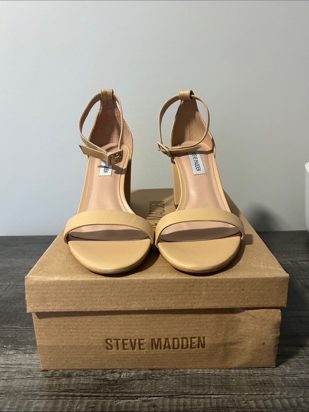 Steve Madden Nude/Tan Ankle-Strap Block Heel Sandals